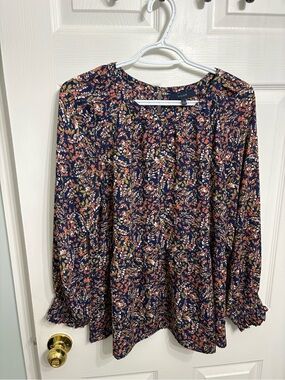 Navy Floral Peasant Blouse with Pink and Cream Accents